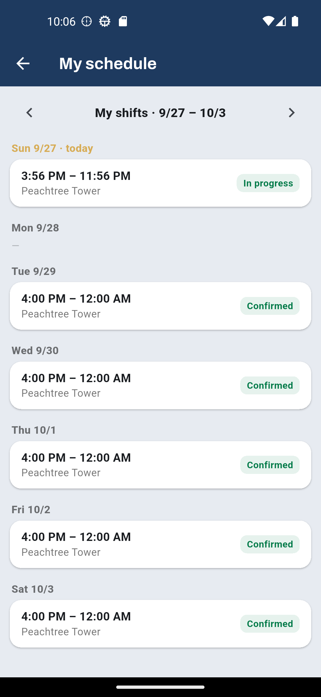Watchbill Field app My schedule: an in-progress shift today and confirmed shifts for the week