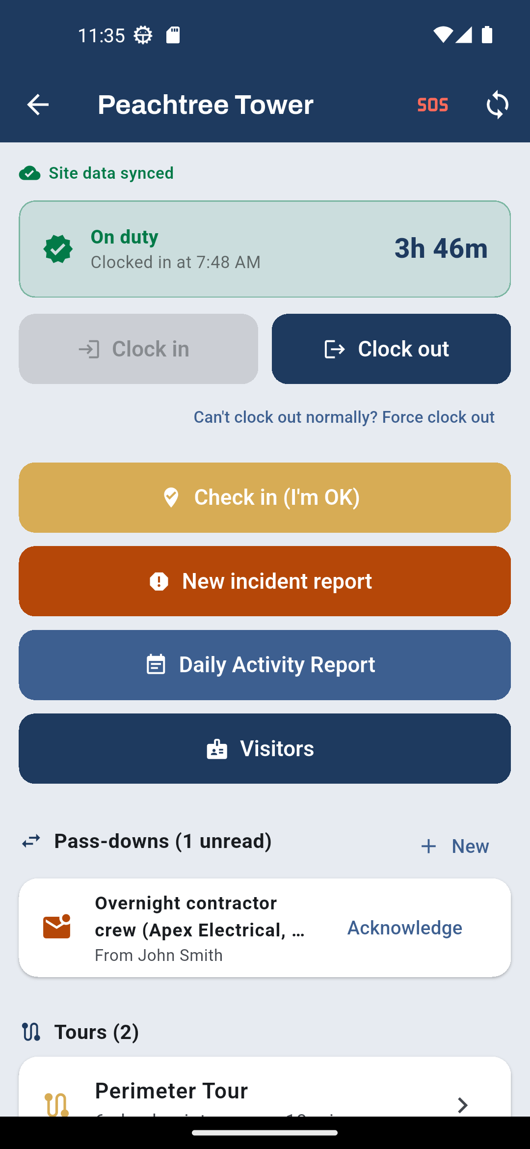 Watchbill Field app site screen with tours, checklists and reports