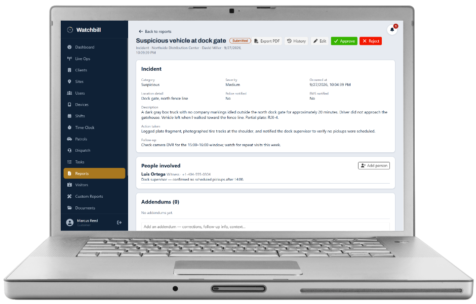 An incident report open for review in the Watchbill web back office