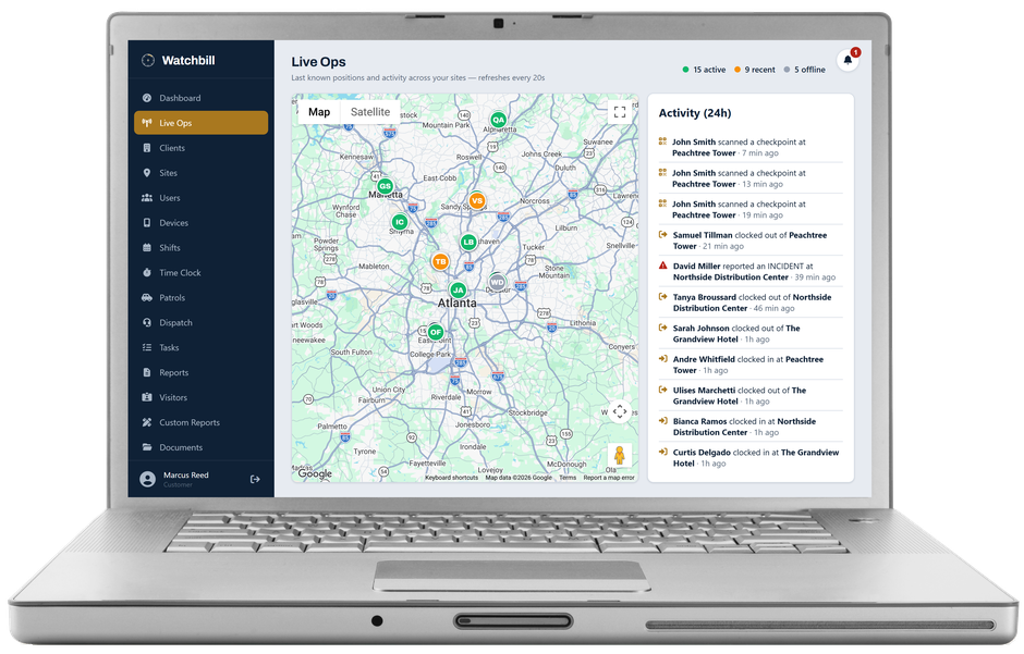 Watchbill live map showing guard positions and site pins on a laptop
