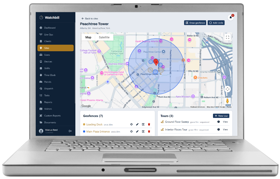A site boundary geofence drawn around the whole property on the Watchbill site page
