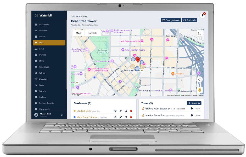 Watchbill site detail page with geofences and tours on a laptop