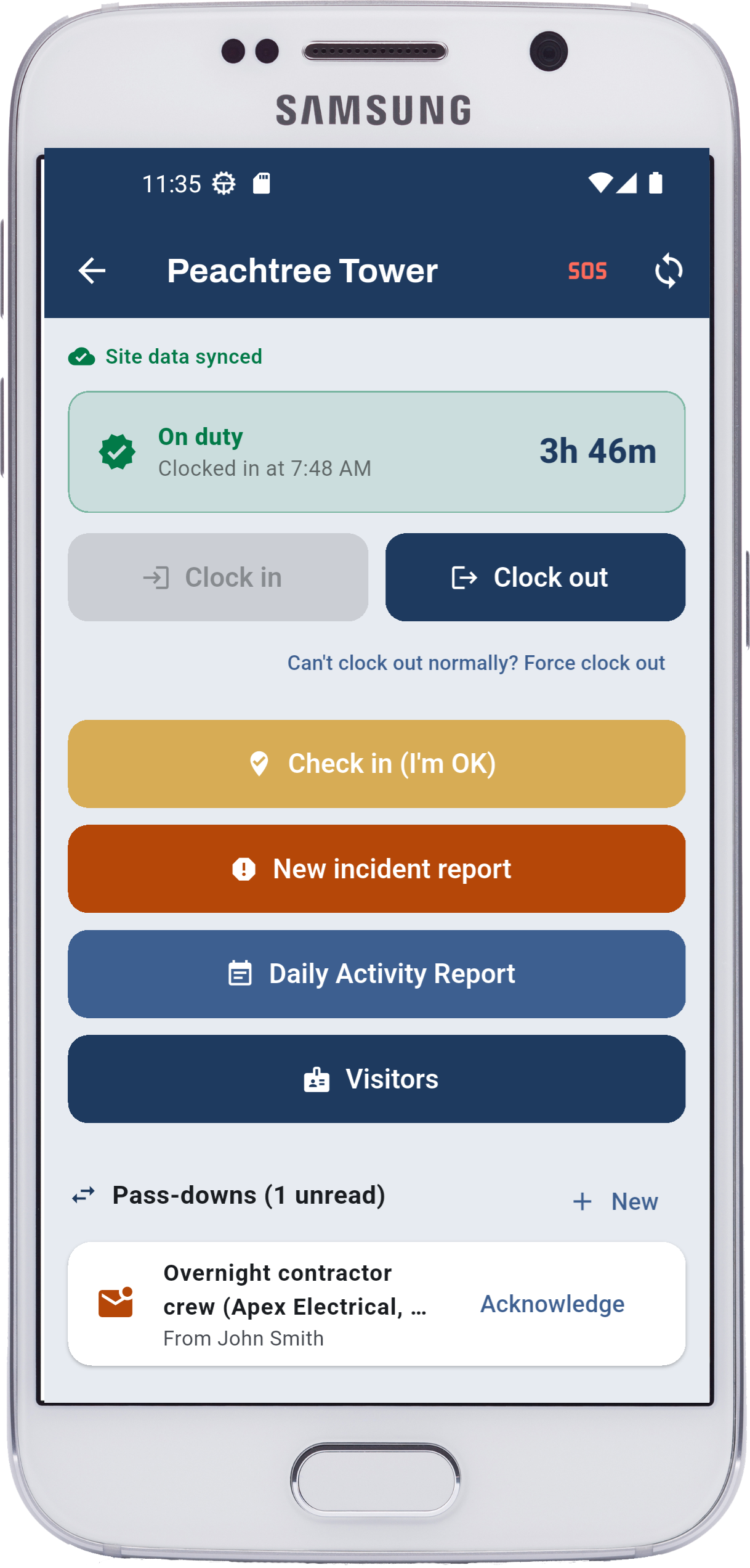 Watchbill field app on an Android phone showing clock-in and site actions